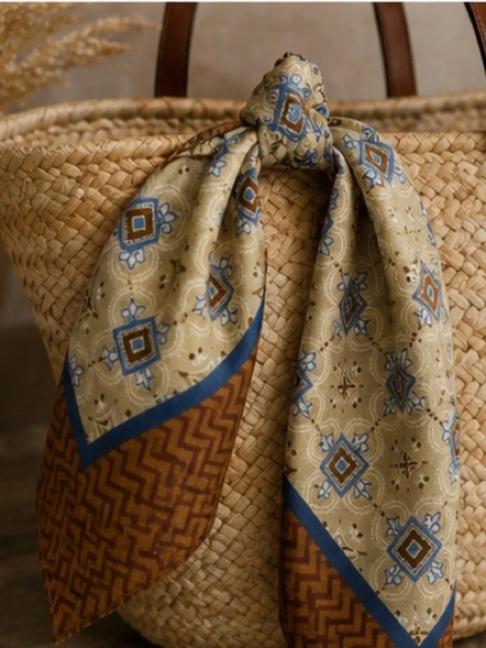 Designer Inspired Vintage Geometric Scarf | Tan Blue Brown